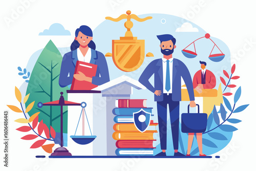 Law firm professionals collaborating on legal services with books, scales, and symbols of justice in a vibrant setting