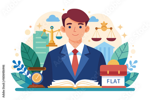 Lawyer providing legal consultation services in a modern office environment with scales of justice and legal books in the background