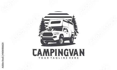RV camper van classic style logo vector illustration,  camper truck with roof top tent and pine forest illustration logo vector