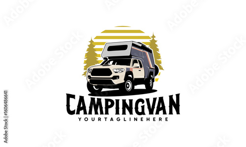 RV camper van classic style logo vector illustration,  camper truck with roof top tent and pine forest illustration logo vector