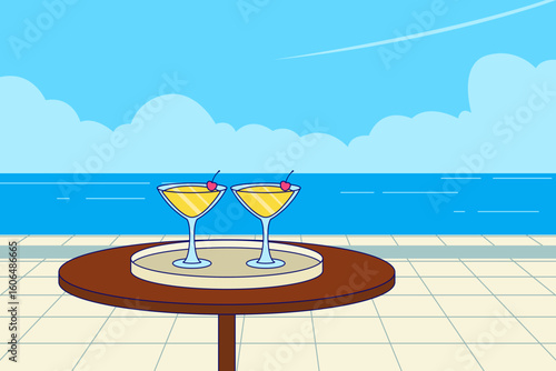 Two refreshing cocktails on a table overlooking the ocean, perfect for a relaxing summer day.