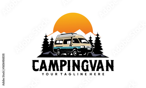 RV camper van classic style logo vector illustration, Perfect for RV with Sun and pine forest