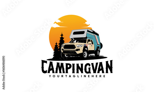 RV camper van classic style logo vector illustration,  camper truck with roof top tent and sun illustration logo vector