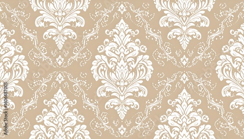 Ornate Beige and White Damask Pattern