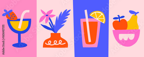 Bright tropical exotic summer cocktails, fruits and flowers vector banner