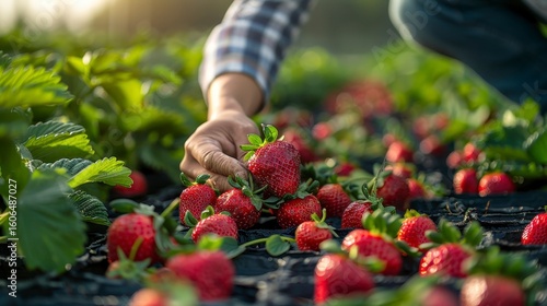 Hand picking ripe strawberries in a sunny field