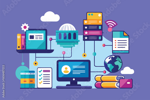 Concept of large data transfer and storage illustrated through colorful elements depicting connectivity between devices and information flow