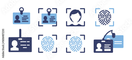 Identity document vector icons including id card, biometric, face id, eye scan

