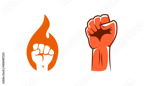Fist and fire emblem isolated. Hand clenched power strength icon symbol. Vector illustration