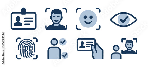 Identity document vector icons including id card, biometric, face id, eye scan

