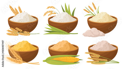 Six bowls of different types of flour with grains and corn