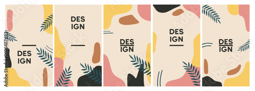 Vector set of abstract backgrounds with copy space for text - bright vibrant banners, posters, cover design templates, social media stories wallpapers with tropical leaves and plants