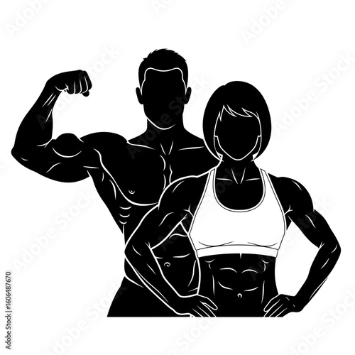 silhouette of a man with a dumbbell , silhouette illustration of muscular man flexing and woman in sports bra