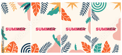 Vector set of abstract backgrounds with copy space for text - bright vibrant banners, posters, cover design templates, social media stories wallpapers with tropical leaves and plants