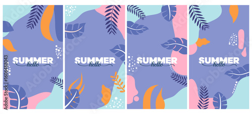 Vector set of abstract backgrounds with copy space for text - bright vibrant banners, posters, cover design templates, social media stories wallpapers with tropical leaves and plants
