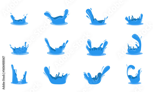 Water drops. Current drops, waves, tears and spray. Splashes or spill water elements, isolated vector illustration.
