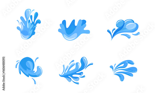 Water drops. Current drops, waves, tears and spray. Splashes or spill water elements, isolated vector illustration.