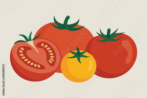 Fresh ripe tomatoes and one yellow tomato grouped together