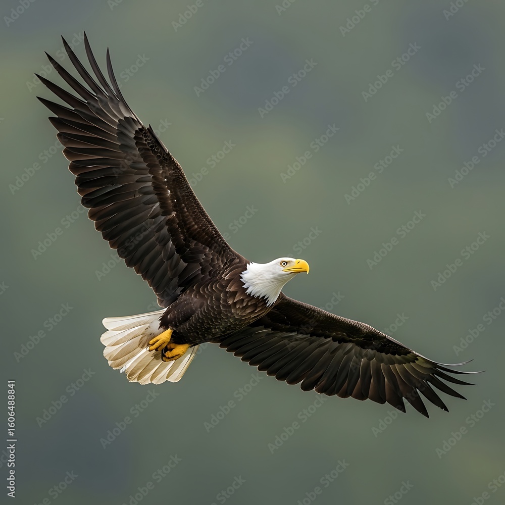 Fototapeta premium Majestic bald eagle in flight against a muted background.
