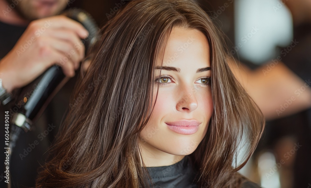 Naklejka premium Hairdresser styling woman hair with hairdryer in beauty salon