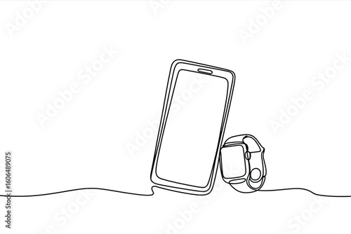 Minimalist continuous line drawing of a smartphone and smartwatch