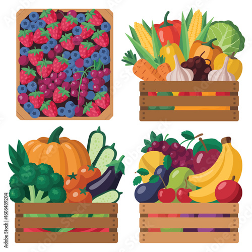 Four wooden crates filled with fresh colorful fruits and vegetables
