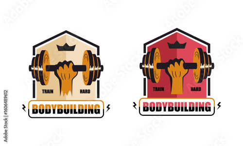 Gym, fitness logo or label. Sport, bodybuilding concept. Gym fitness sport emblems and logos vector set with barbells dumbbells and muscle arm