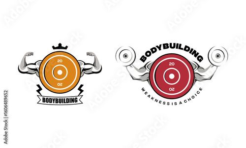 Gym, fitness logo or label. Sport, bodybuilding concept. Gym fitness sport emblems and logos vector set with barbells dumbbells and muscle arm