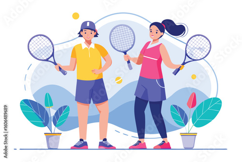 Dynamic tennis players prepare for a friendly match outdoors in a vibrant setting surrounded by cheerful plants and bright colors