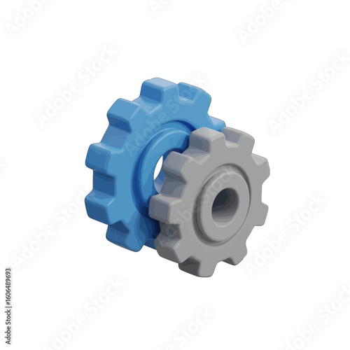 Two interlocking gears, one blue and the other gray, depicted in a 3D rendered style.