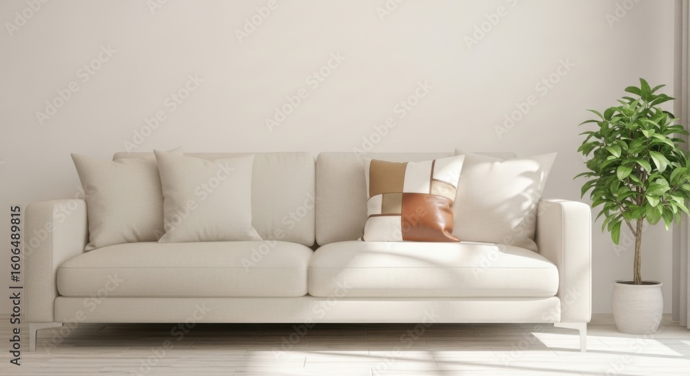 Fototapeta premium A modern beige sofa with decorative pillows and a potted plant in a bright, airy room