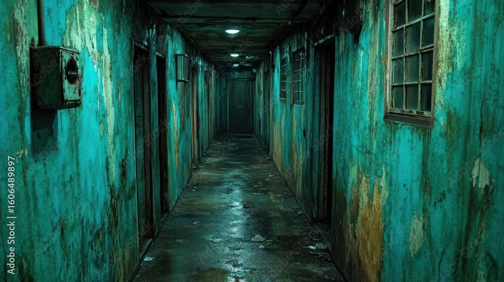 Obraz premium Spooky teal hallway, peeling paint, dark