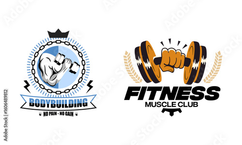 Gym, fitness logo or label. Sport, bodybuilding concept. Gym fitness sport emblems and logos vector set with barbells dumbbells and muscle arm