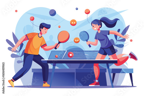 Dynamic table tennis players engaged in a competitive match, showcasing skill and technique in a vibrant indoor setting