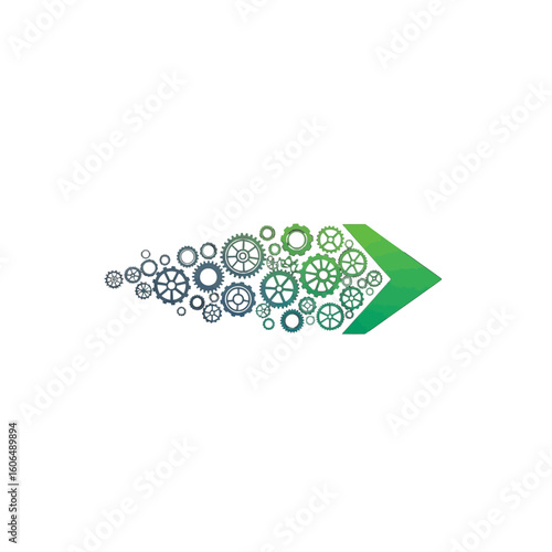 An arrow composed of gears pointing towards the right, a concept.