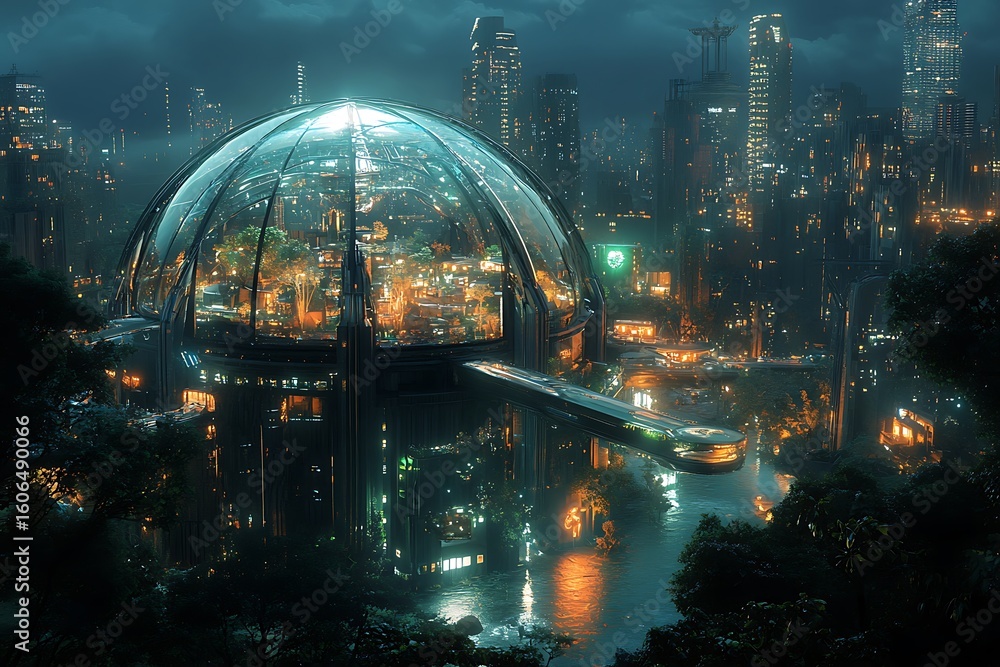 Fototapeta premium Futuristic Biodome in Cityscape at Night