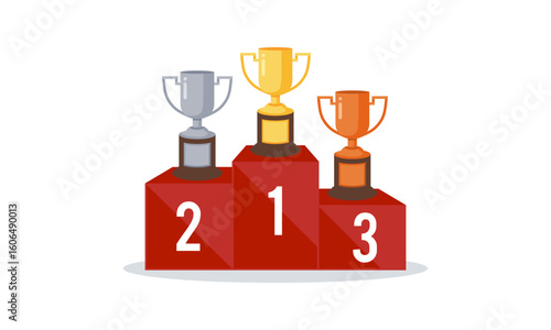 Winners podium with cups. Prizes for the Champions. Gold, silver and bronze cups. Vector illustration in flat style.
