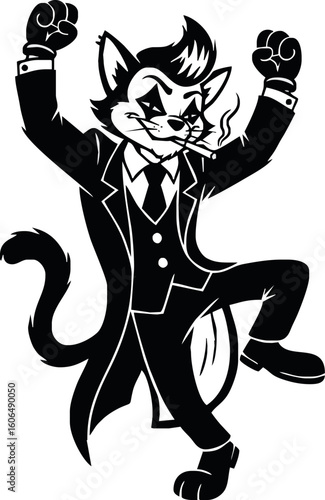 A jubilant, anthropomorphic cat in a suit celebrates, fists raised.
