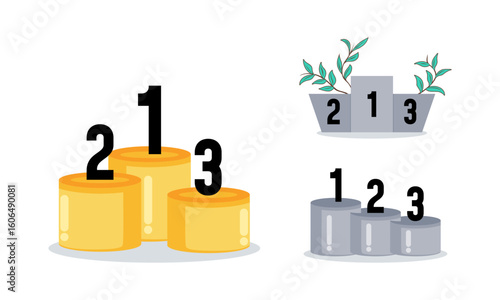 Winners podium with cups. Prizes for the Champions. Gold, silver and bronze cups. Vector illustration in flat style.