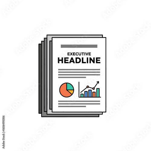 Stack of documents with executive summary and business graphs, illustrating a report or presentation.