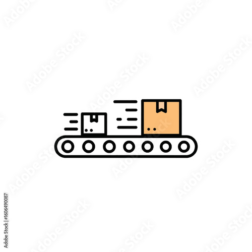 Packages moving swiftly along a conveyor belt in a warehouse or factory setting.