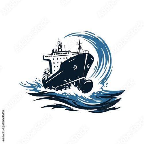 A stylized illustration of a cargo ship navigating turbulent ocean waves.