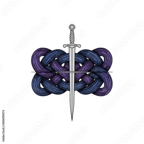 A silver sword pierces an intricate purple and blue interwoven knot design.