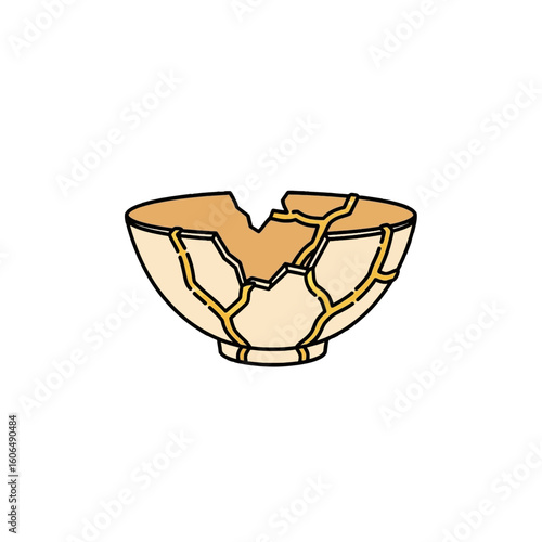 Illustration of a broken ceramic bowl, repaired with golden lacquer.
