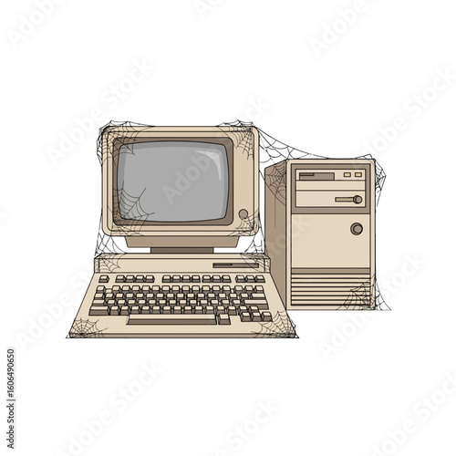 An old, beige desktop computer with a monitor, keyboard, and tower, covered in cobwebs, suggesting it is unused and outdated.