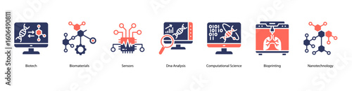 Biotech applications web banner icon vector illustration including Biotech, Biomaterials, Sensors, Dna Analysis, Computational Science, Bioprinting, and Nanotechnology.
