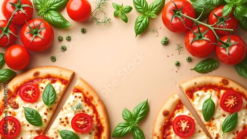 fresh italian pizza with tomatoes and basil on beige background