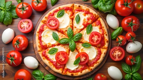 fresh margherita pizza with mozzarella tomatoes and basil top view



