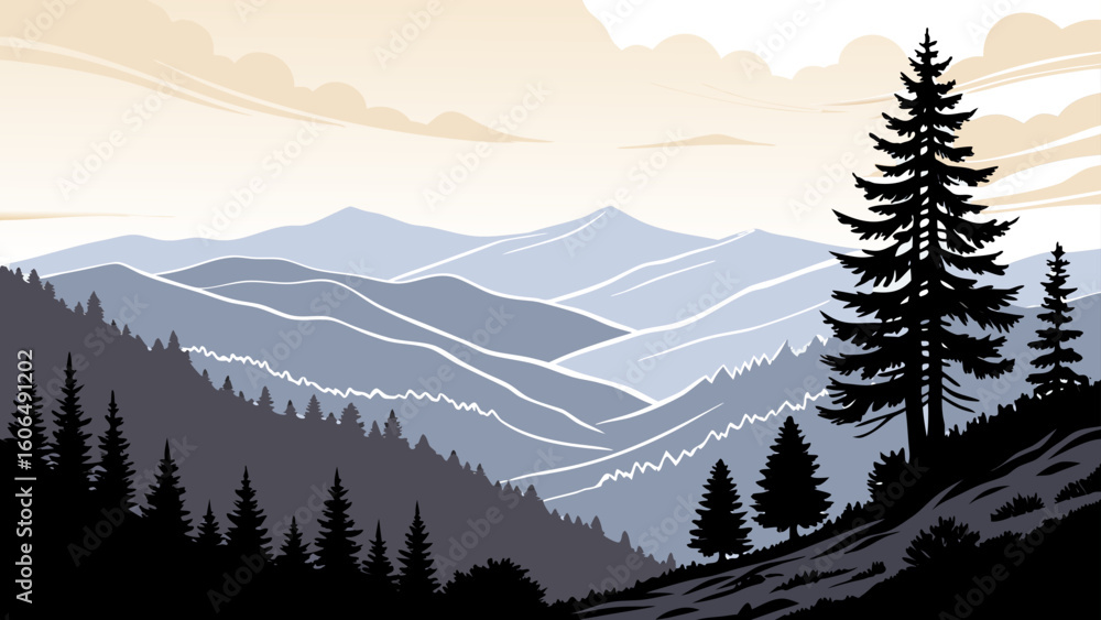 Obraz premium Sunrise Mountains Vector Landscape Illustration - Beautiful Mountain Forest Silhouettes Colors