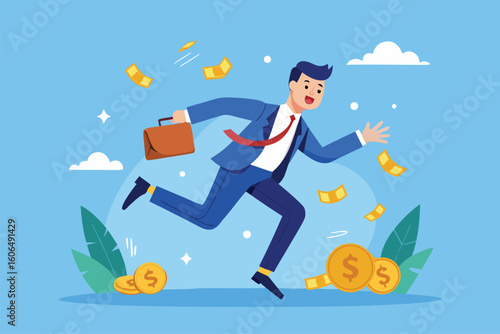 Businessman runs after losing money while carrying a briefcase, emphasizing the struggles of financial management and risk